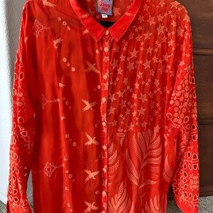 Johnny Was Red 3/4 Sleeve Button Down Blouse